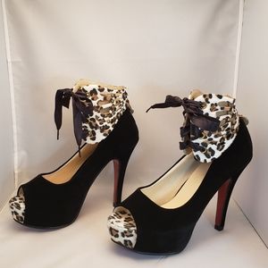 Black "velvet" and leopard faux fur heels